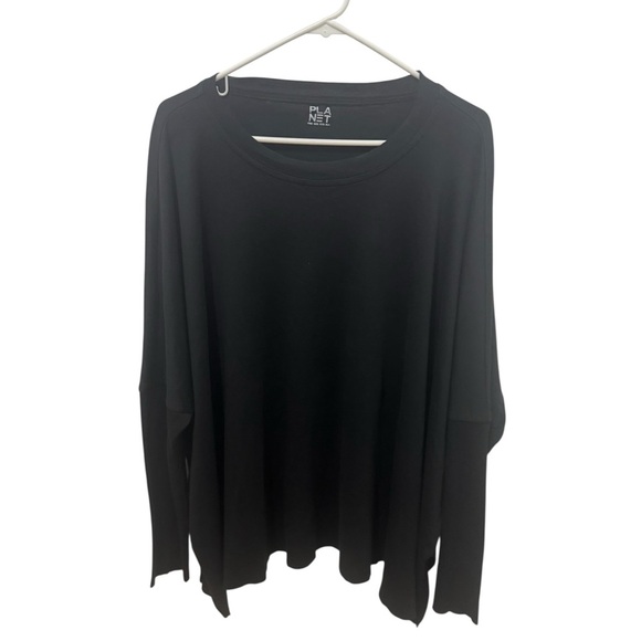 PLANET BY LAUREN G 100% PIMA COTTON RAW CUTLONG SLEEVE BLACK TUNIC TOP OSFM - Picture 1 of 4